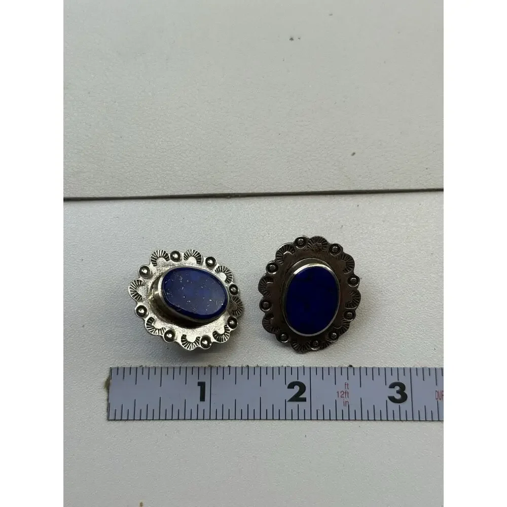 SAUL TM-142 Sterling Silver Pierced Earrings Mexico Vintage Lapis (posts not ss)